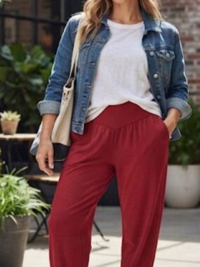 High-Waisted Womens Jogger Pants in Wine Red